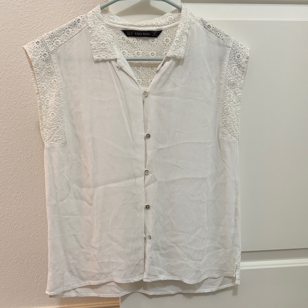 Zara Cream Button Down Top with Lace Accents